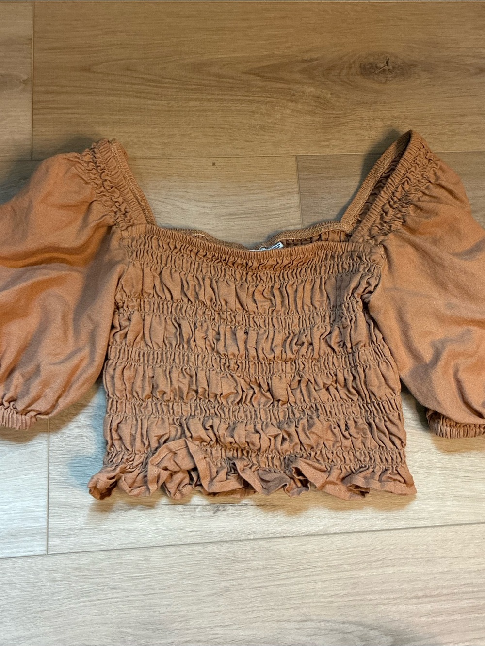 Rhythm. Rust Brown Smocked Puff-Sleeve Crop Top